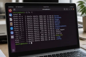 Terminal Linux affichant le résultat de la commande ls en format long avec permissions et fichiers