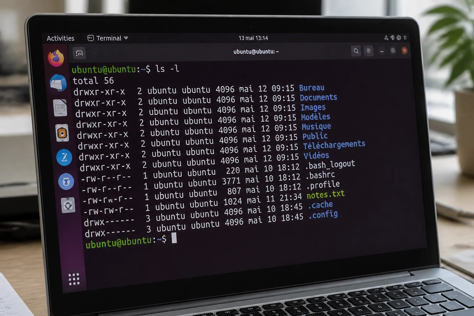 Terminal Linux affichant le résultat de la commande ls en format long avec permissions et fichiers