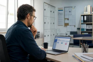 Enseignant se connectant à son portail intranet académique sur un ordinateur portable