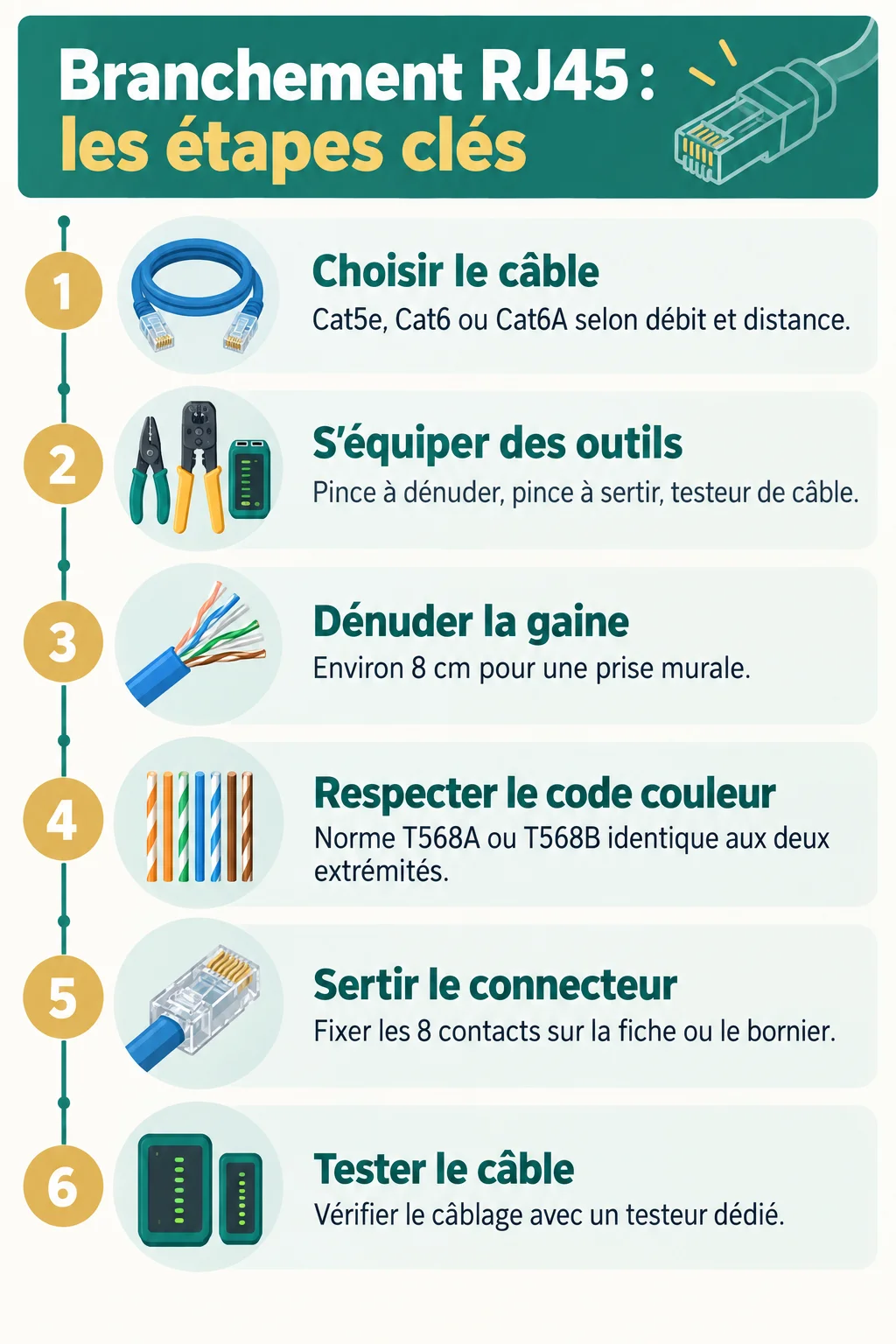 Branchement RJ45 : les étapes clés : 1. Choisir le câble, 2. S'équiper des outils, 3. Dénuder la gaine, 4. Respecter le code couleur, 5. Sertir le connecteur, 6. Tester le câble