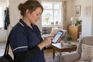 Salariée ADMR consultant son planning d'intervention sur smartphone via Philia