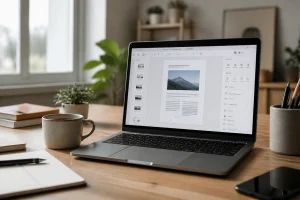 Ordinateur portable affichant l'interface d'édition de Sejda PDF sur un bureau lumineux