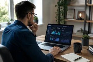 Créateur de contenu consultant un tableau de bord analytics de type Social Blade sur son ordinateur portable