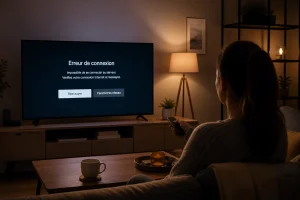 Personne face à un écran affichant une erreur de connexion sur un site de streaming, salon moderne
